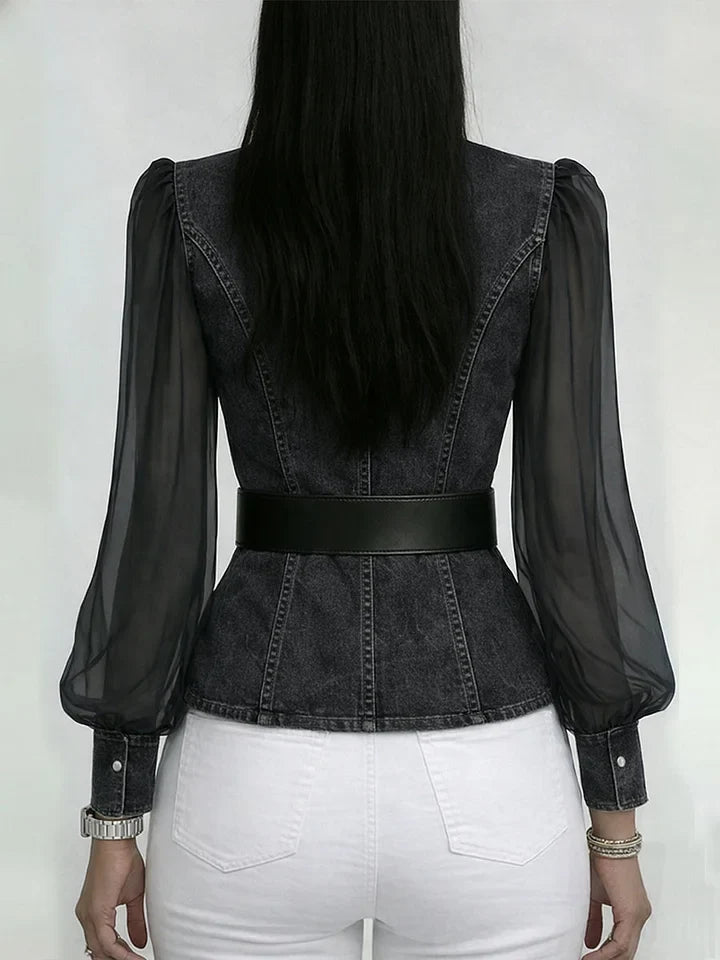 Quinellea - Elegante Denim Blouse met Structuur