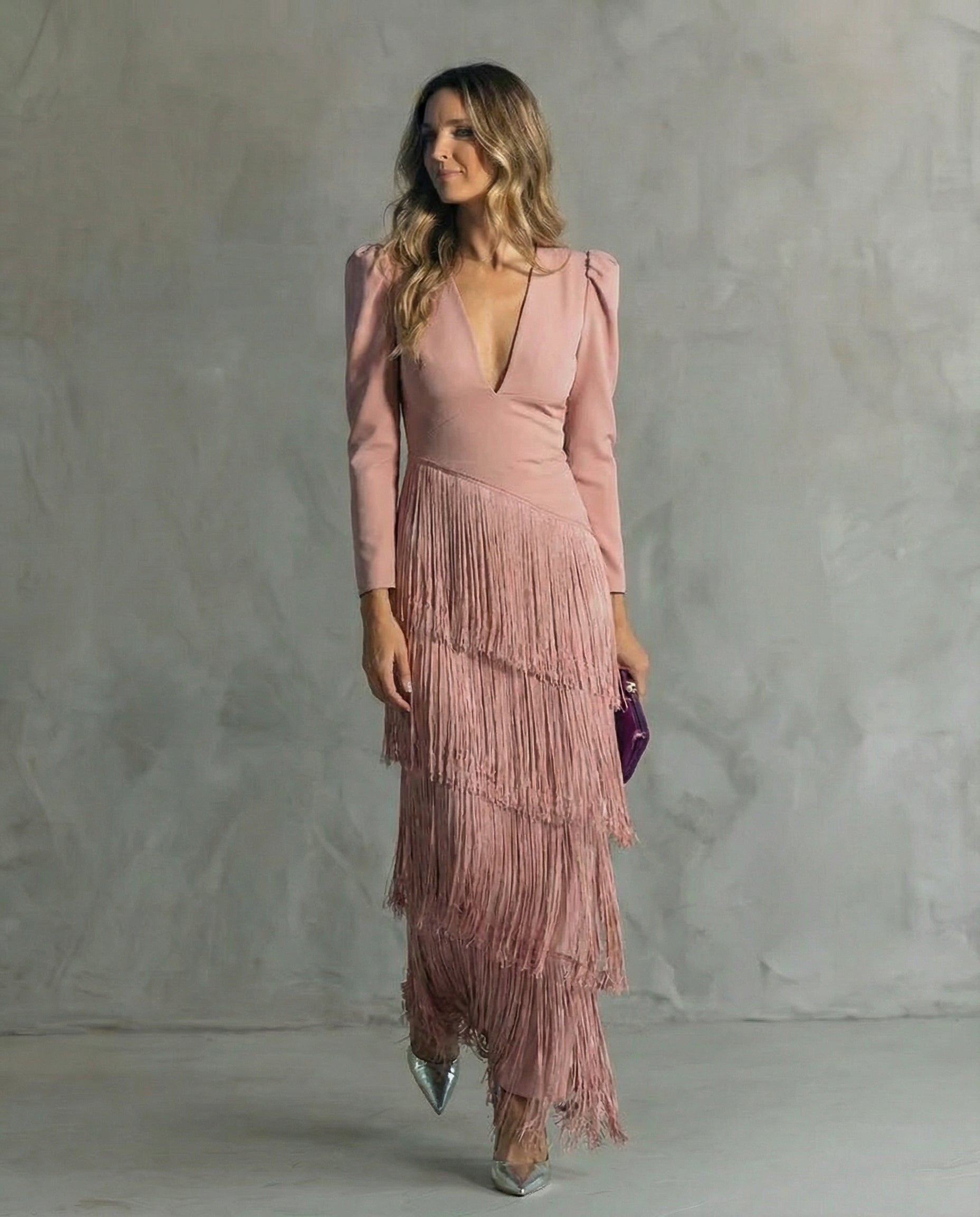 Brigitte - Elegante Midi Jurk voor Vrouwen met Franjes en V-Hals Lange Mouwen