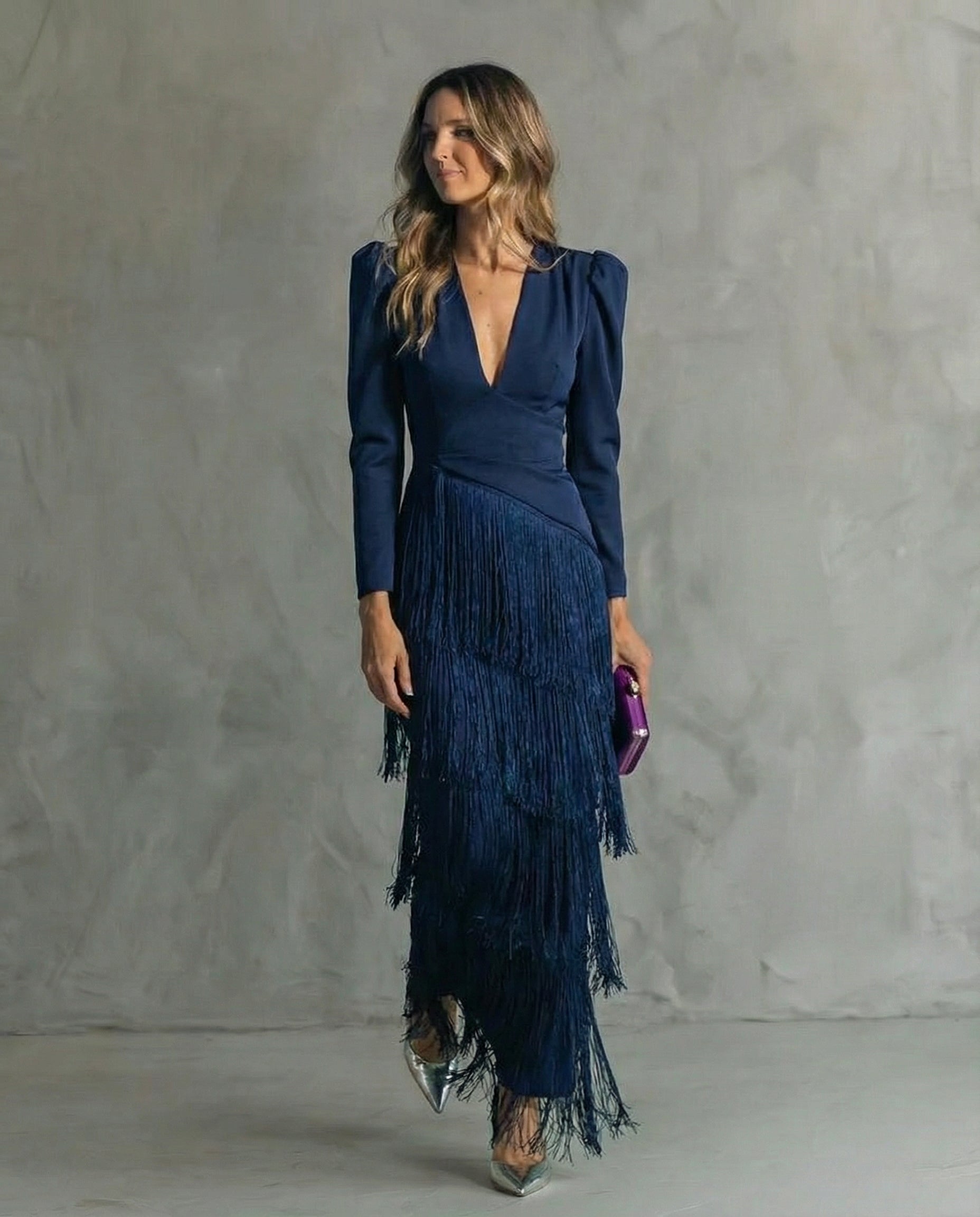 Brigitte - Elegante Midi Jurk voor Vrouwen met Franjes en V-Hals Lange Mouwen