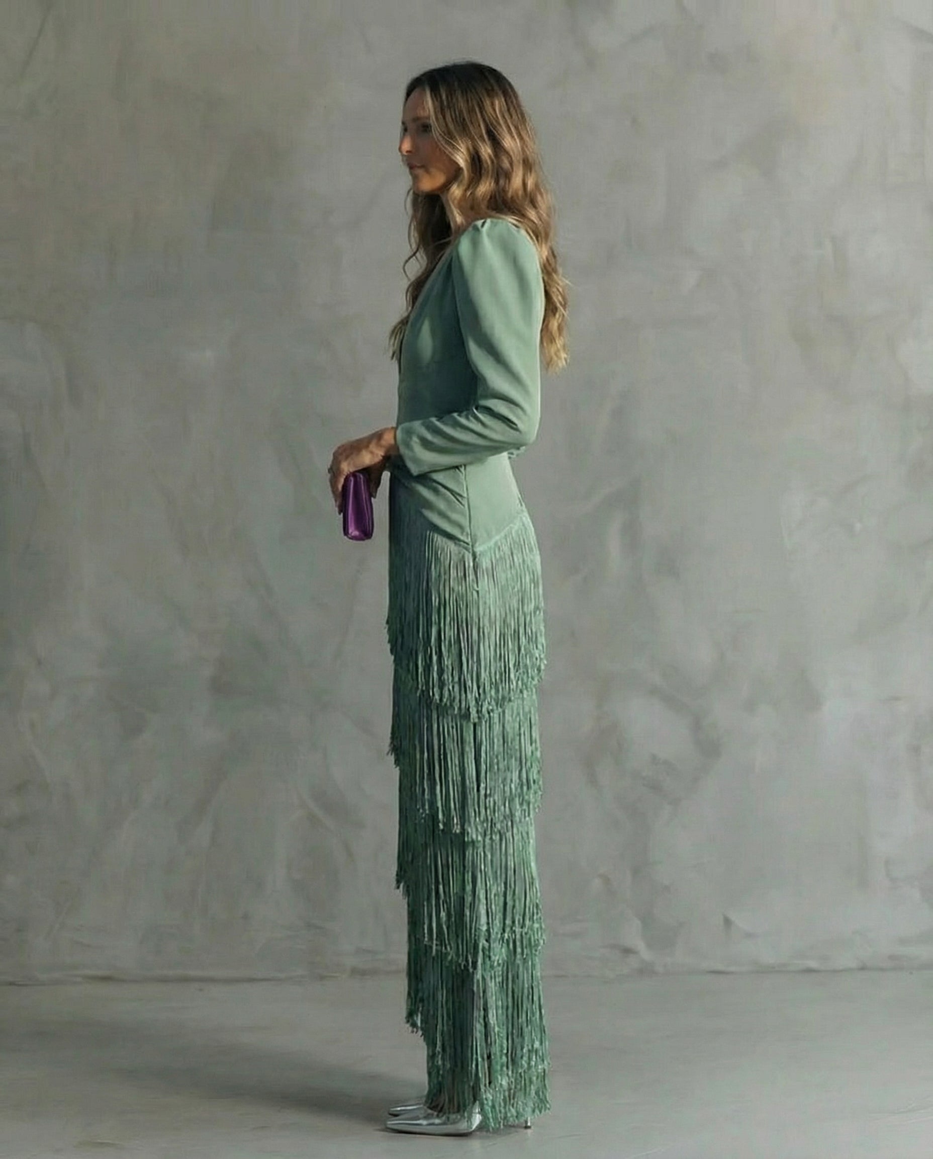 Brigitte - Elegante Midi Jurk voor Vrouwen met Franjes en V-Hals Lange Mouwen