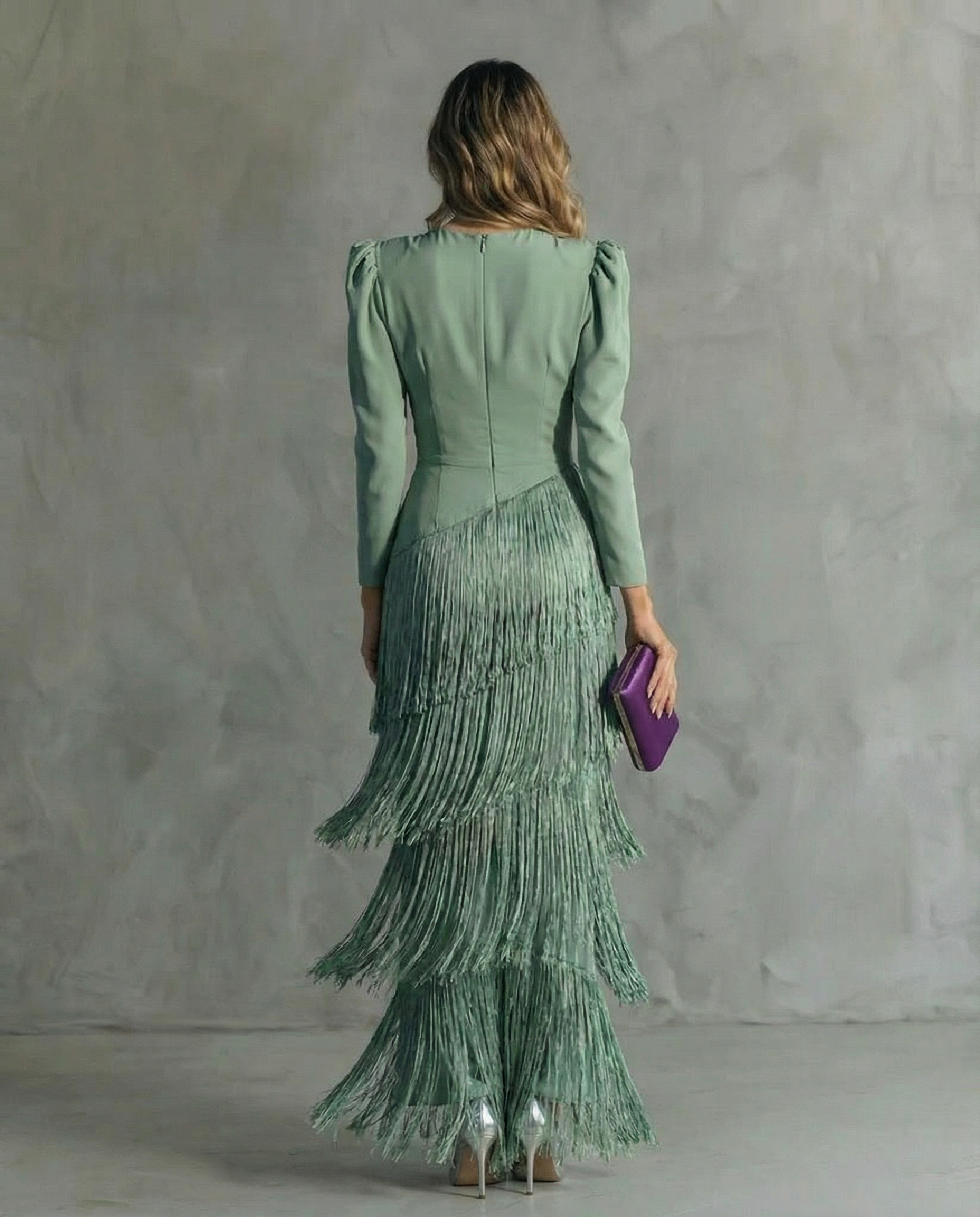 Brigitte - Elegante Midi Jurk voor Vrouwen met Franjes en V-Hals Lange Mouwen