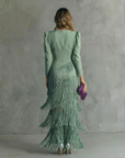 Brigitte - Elegante Midi Jurk voor Vrouwen met Franjes en V-Hals Lange Mouwen