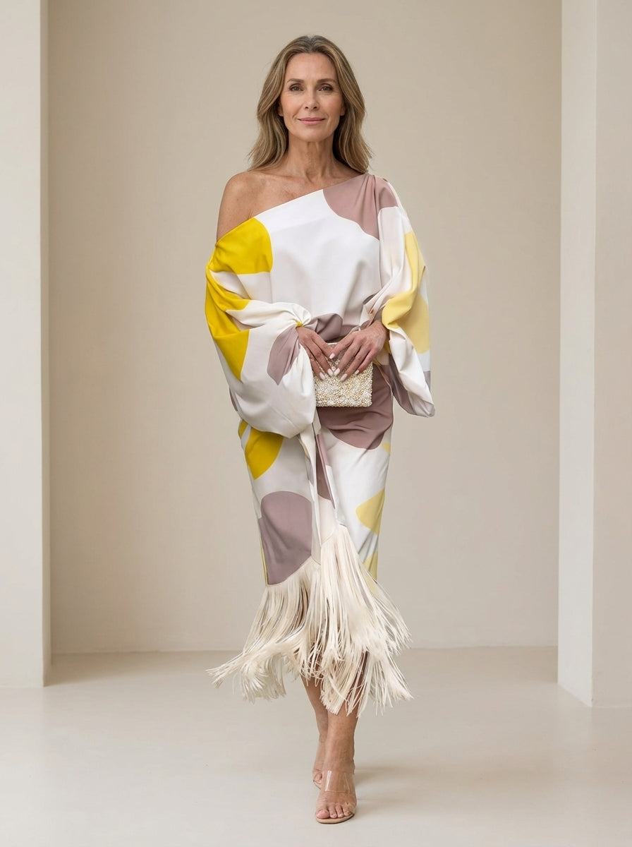 Haveth - Elegante Damesjurk met Franje en Asymmetrische Snit