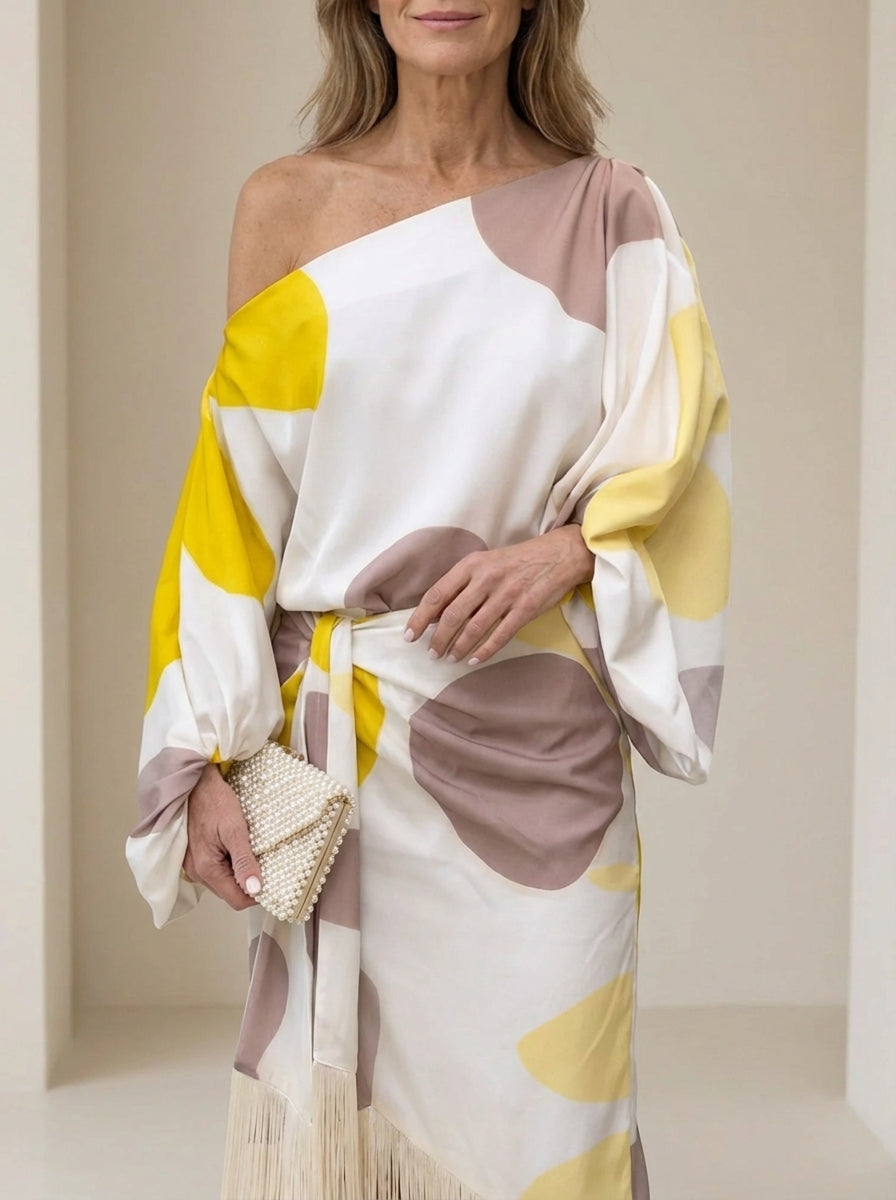 Haveth - Elegante Damesjurk met Franje en Asymmetrische Snit
