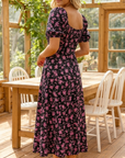 Cirella - Midi jurk voor dames in zwart met roze bloemenprint