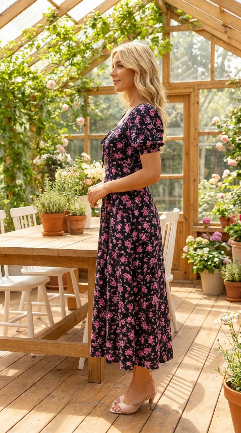 Cirella - Midi jurk voor dames in zwart met roze bloemenprint