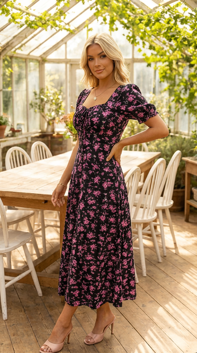 Cirella - Midi jurk voor dames in zwart met roze bloemenprint