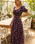 Cirella - Midi jurk voor dames in zwart met roze bloemenprint