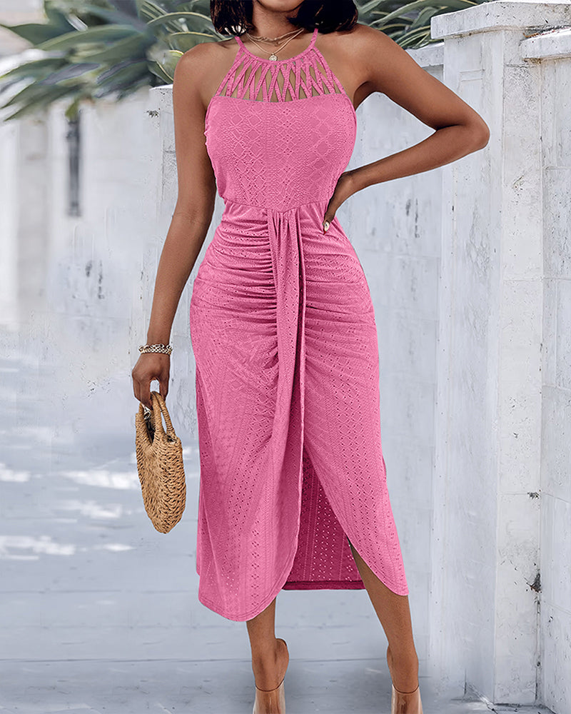 Fynovia - Midi jurk voor dames jacquard opengewerkt elegante halterhals split