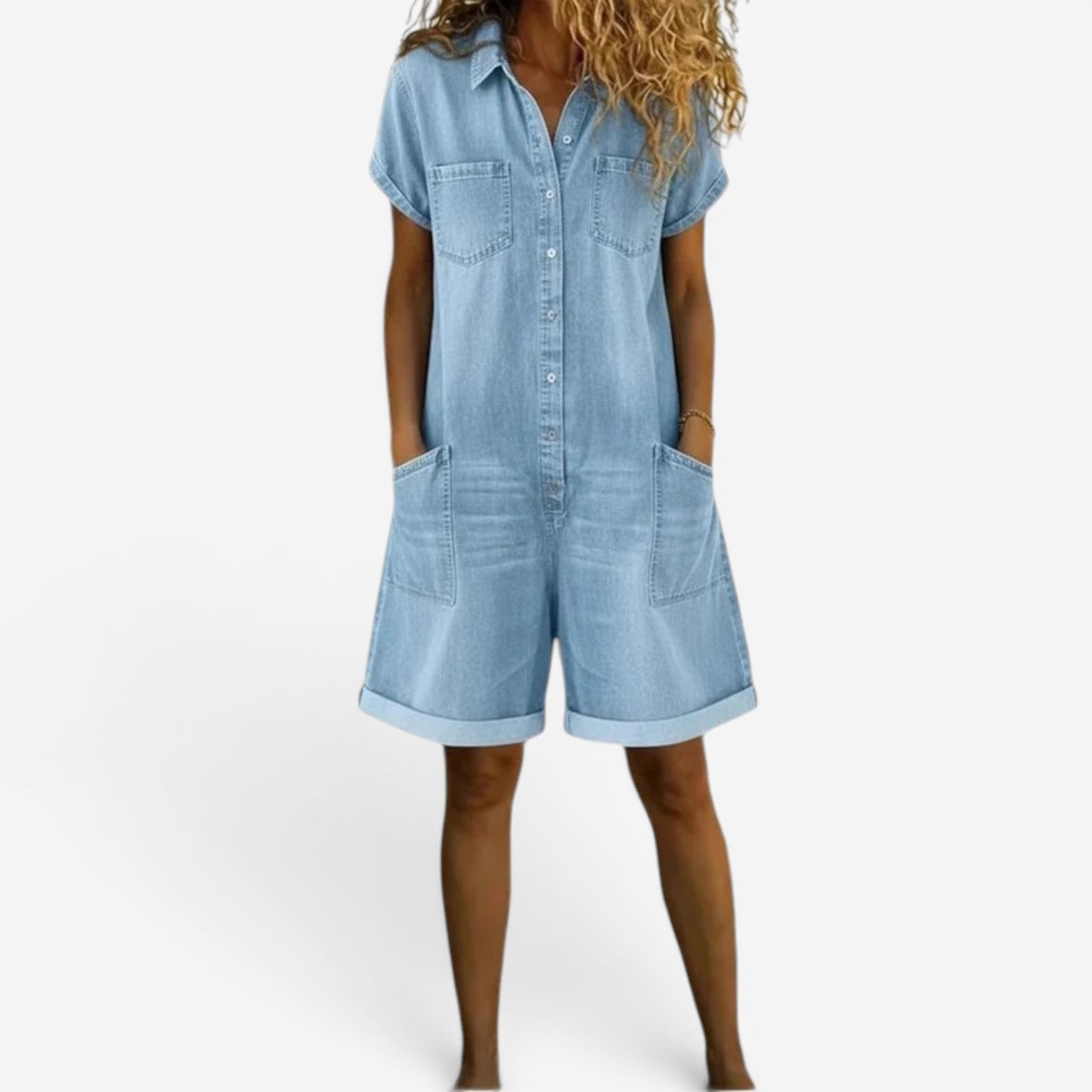 Rovellea - Korte denim jumpsuit voor vrouwen met knopen casual zomer