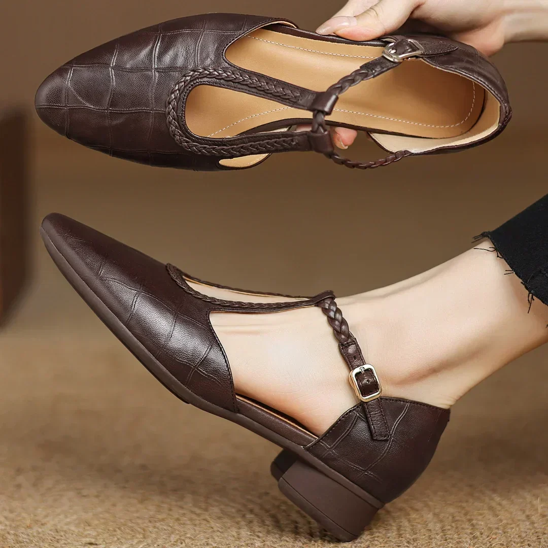 Prynelle - Dames Mary Jane schoenen van leer met gevlochten band