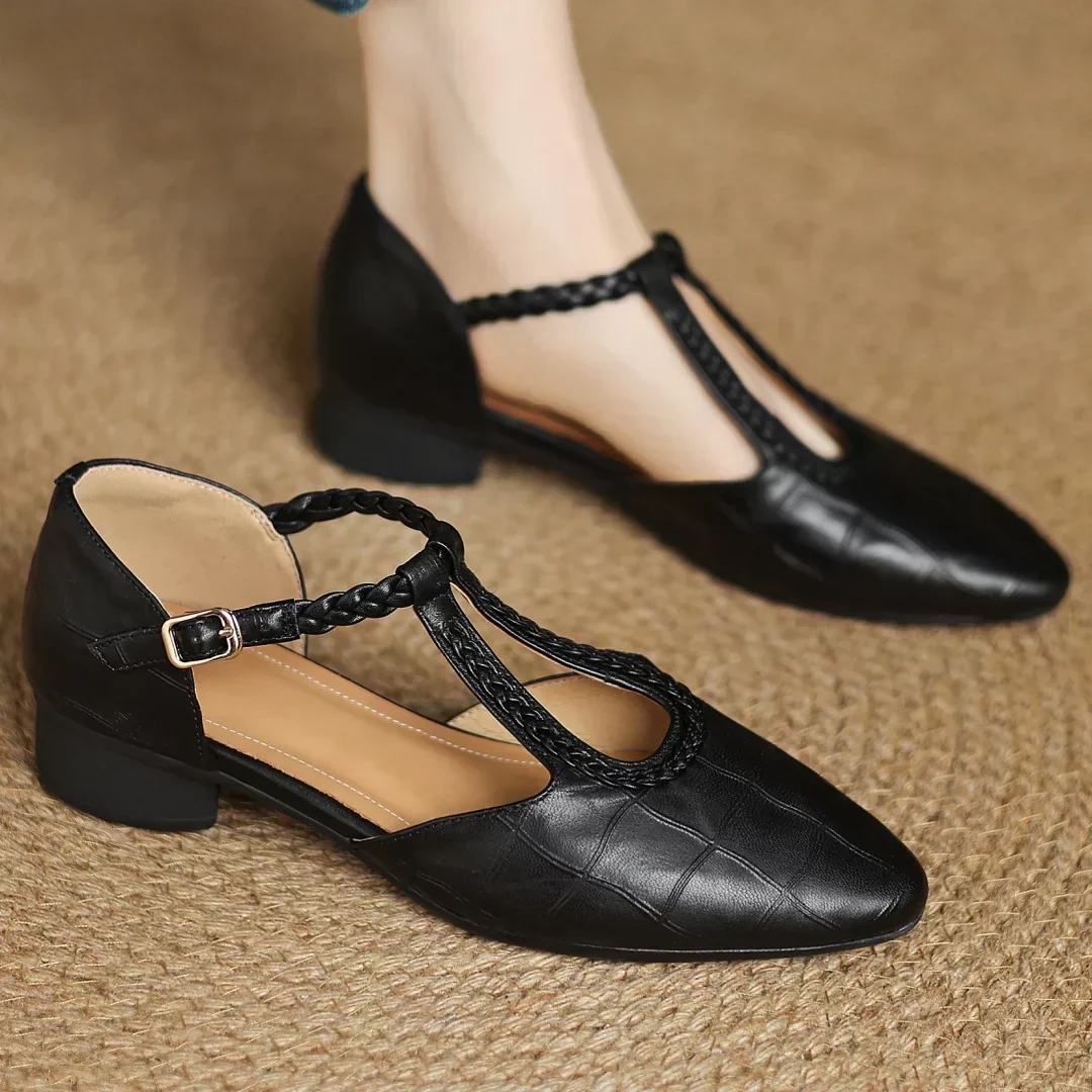 Prynelle - Dames Mary Jane schoenen van leer met gevlochten band
