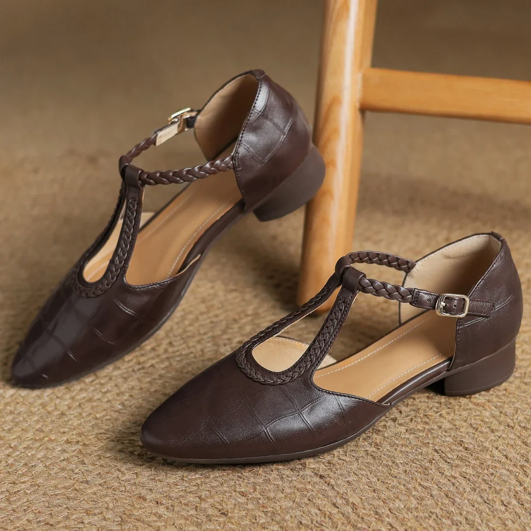 Prynelle - Dames Mary Jane schoenen van leer met gevlochten band