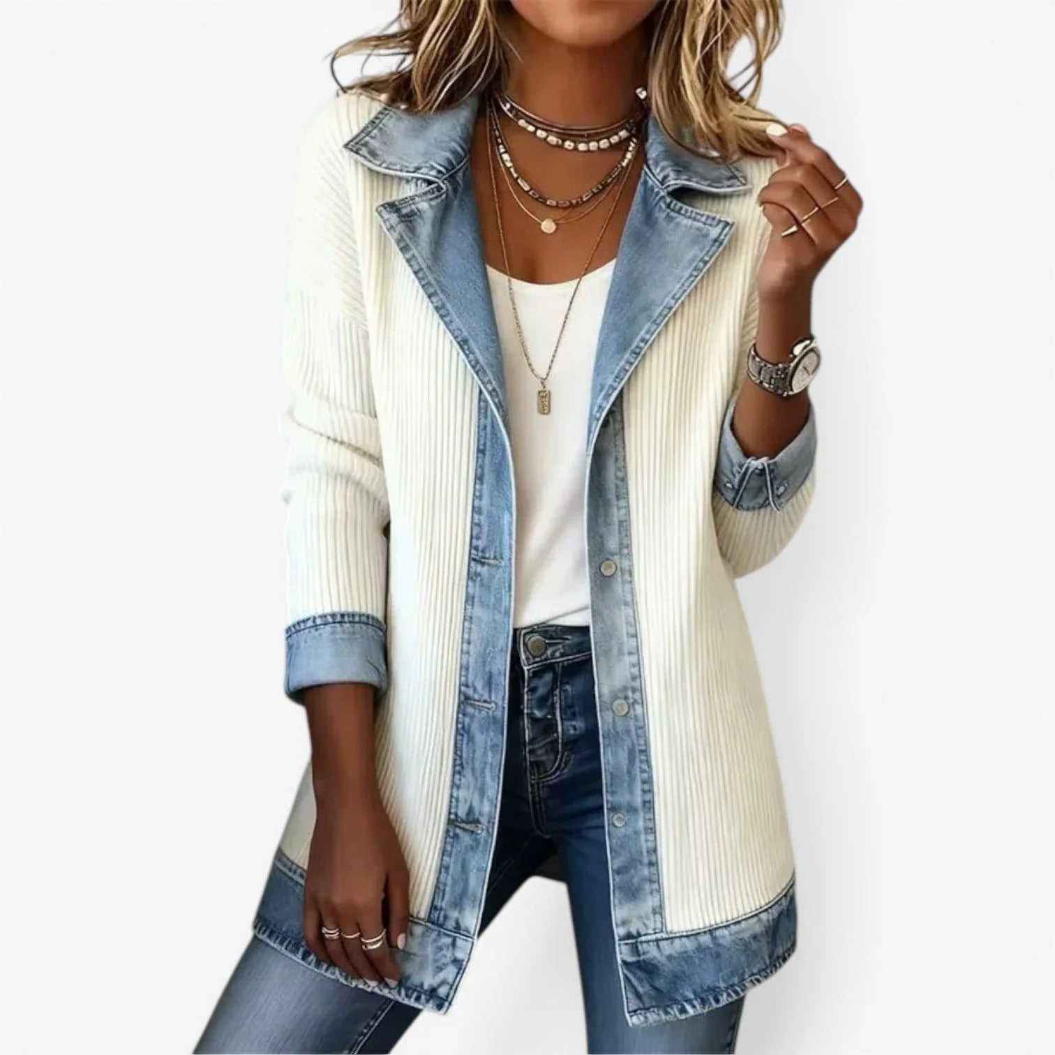 Tirexa - Dames Jas Denimstijl Gemengde Stof Gelaagd Effect Moderne Look