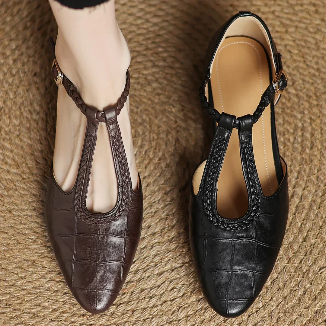 Prynelle - Dames Mary Jane schoenen van leer met gevlochten band