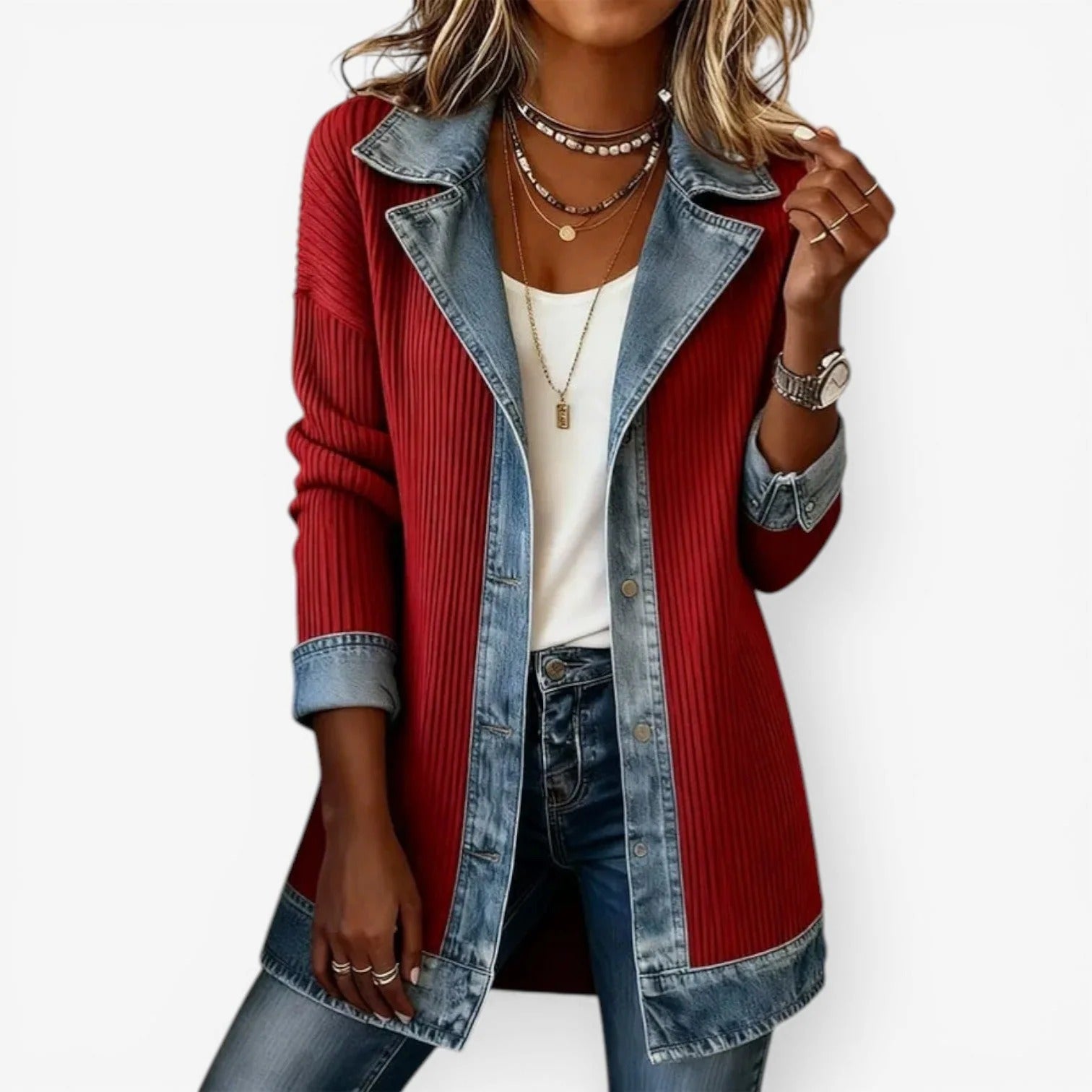 Tirexa - Dames Jas Denimstijl Gemengde Stof Gelaagd Effect Moderne Look