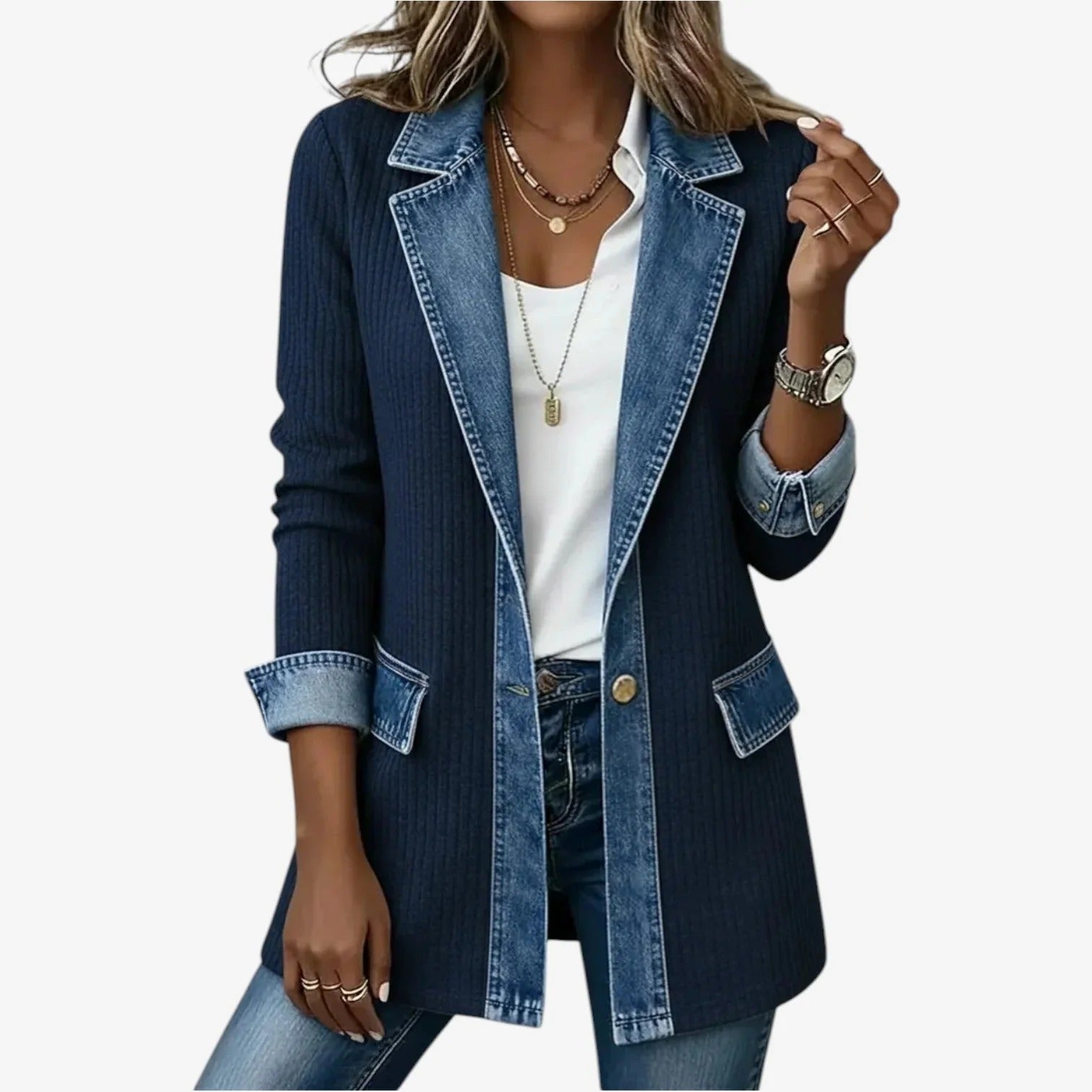 Tirexa - Dames Jas Denimstijl Gemengde Stof Gelaagd Effect Moderne Look