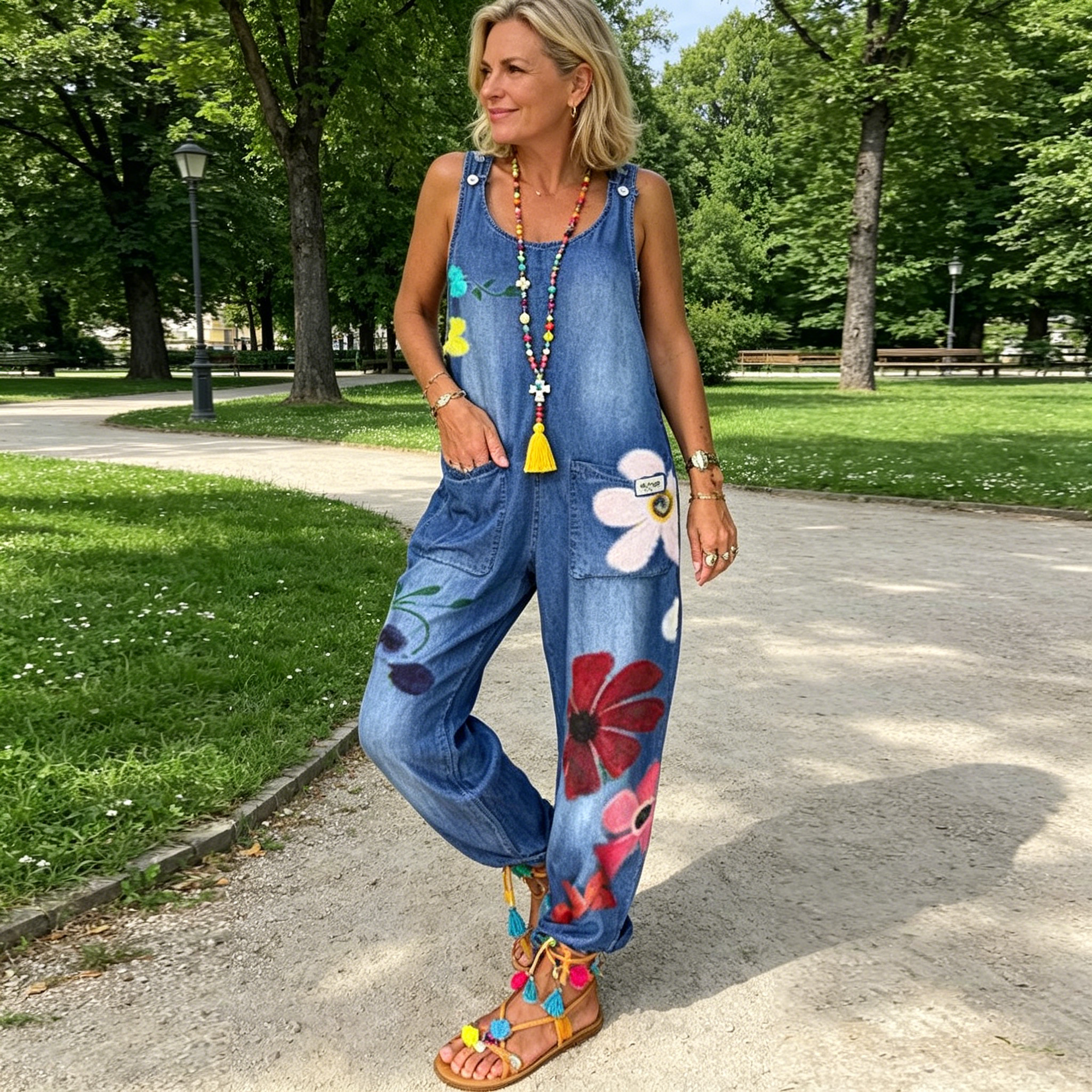 Jovalythra - Casual Denim Bloemen Overall met Ruime Pasvorm voor Dames
