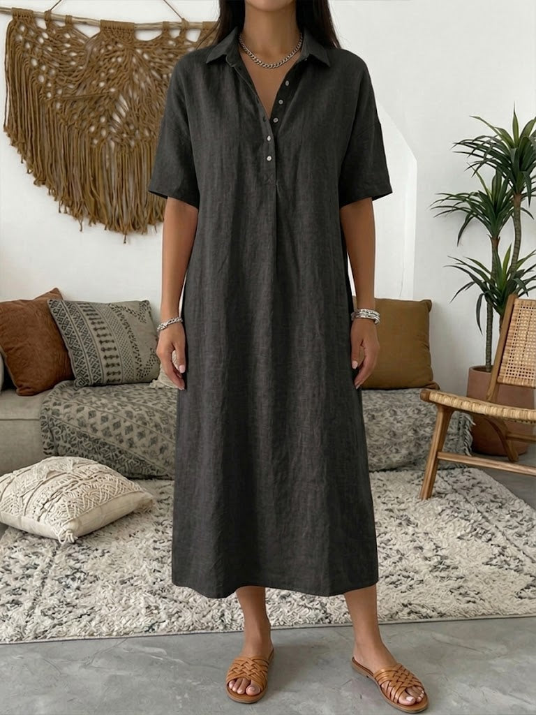 Iovelle - Dames Polo Jurk Katoen Linnen Casual Zomer Korte Mouwen