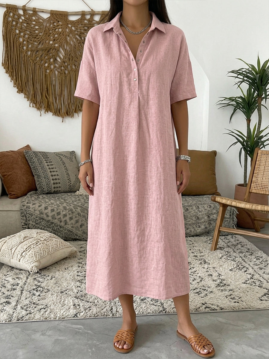 Iovelle - Dames Polo Jurk Katoen Linnen Casual Zomer Korte Mouwen
