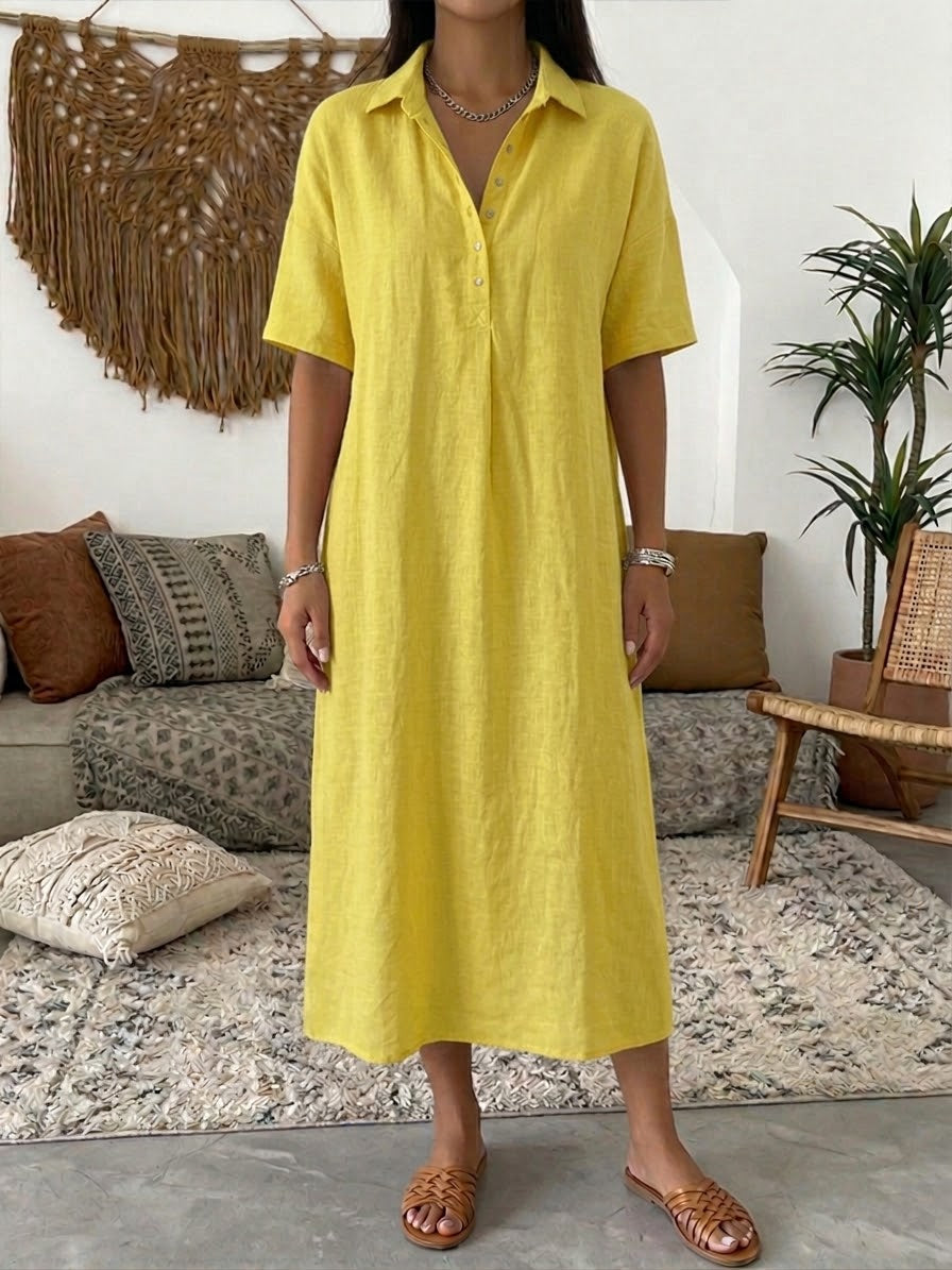 Iovelle - Dames Polo Jurk Katoen Linnen Casual Zomer Korte Mouwen