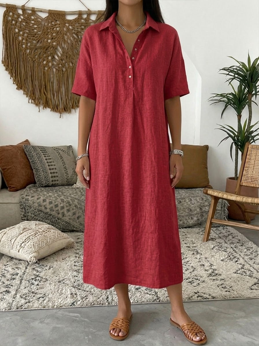 Iovelle - Dames Polo Jurk Katoen Linnen Casual Zomer Korte Mouwen