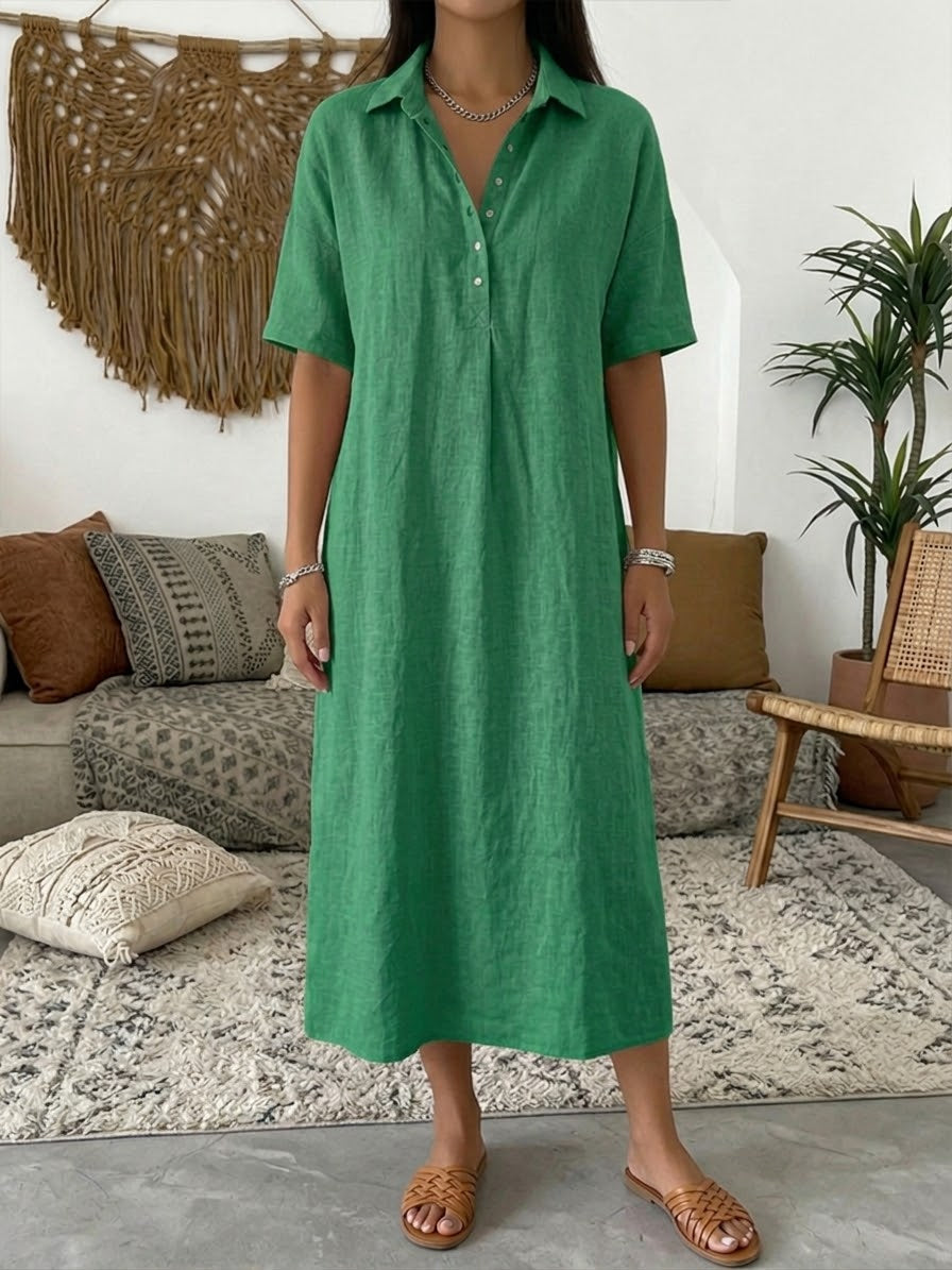 Iovelle - Dames Polo Jurk Katoen Linnen Casual Zomer Korte Mouwen