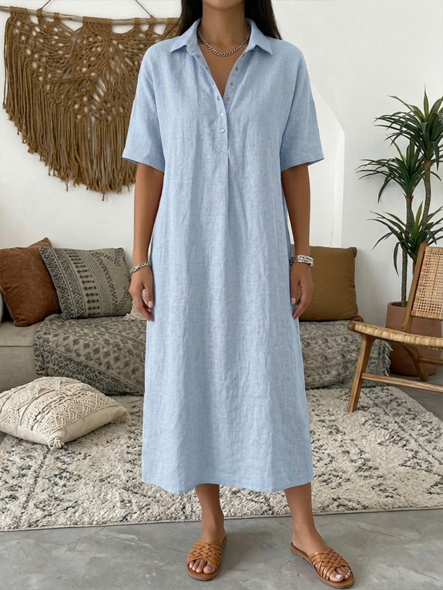 Iovelle - Dames Polo Jurk Katoen Linnen Casual Zomer Korte Mouwen