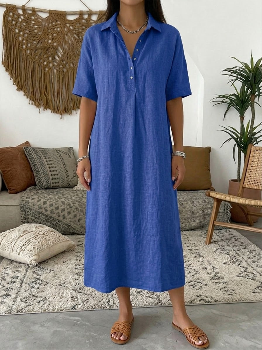 Iovelle - Dames Polo Jurk Katoen Linnen Casual Zomer Korte Mouwen