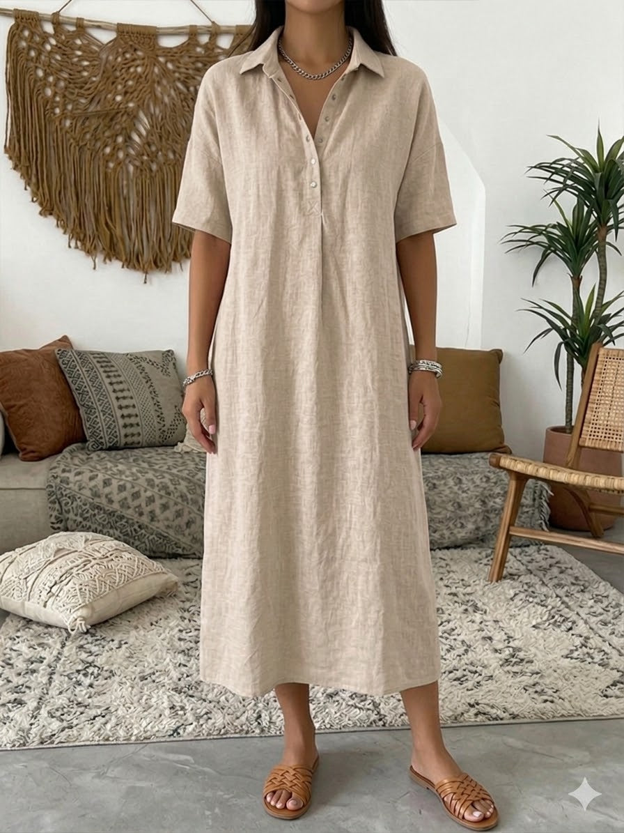 Iovelle - Dames Polo Jurk Katoen Linnen Casual Zomer Korte Mouwen