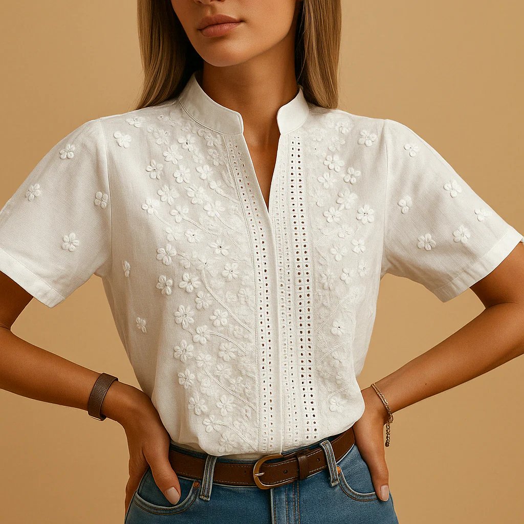 Tylarisse - Elegante witte blouse voor dames met verfijnde bloemenborduursels