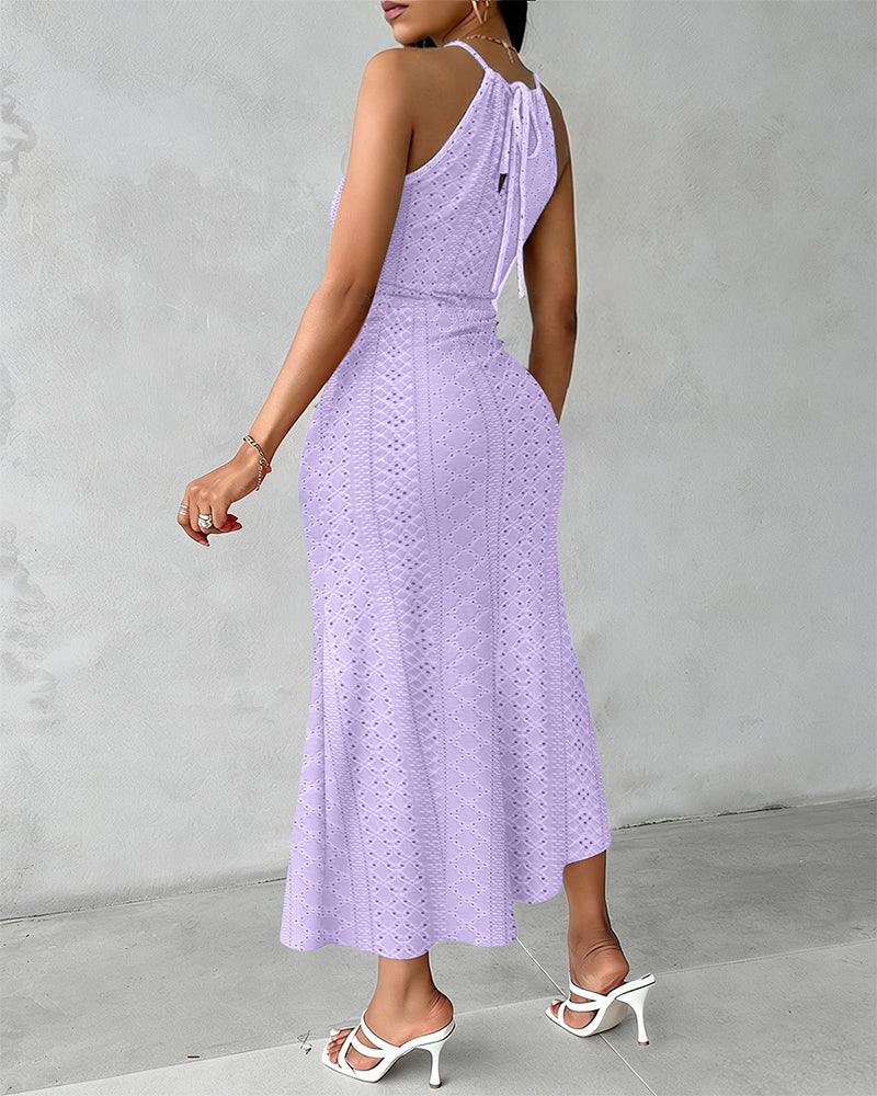 Fynovia - Midi jurk voor dames jacquard opengewerkt elegante halterhals split