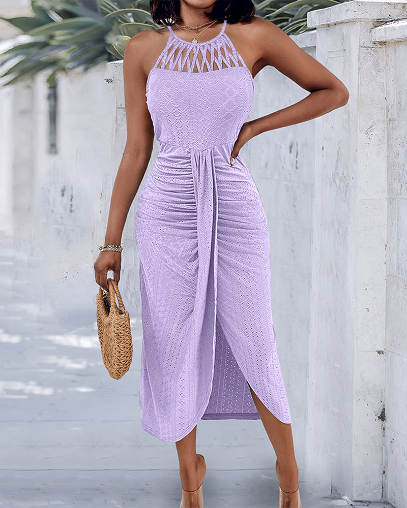 Fynovia - Midi jurk voor dames jacquard opengewerkt elegante halterhals split