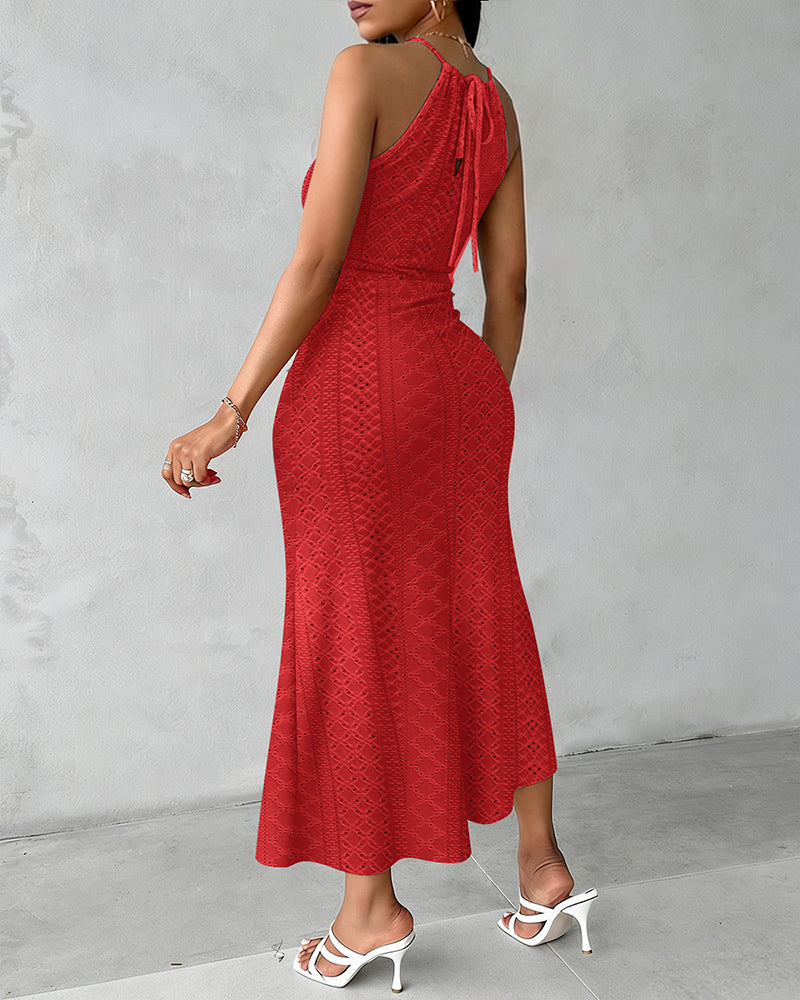 Fynovia - Midi jurk voor dames jacquard opengewerkt elegante halterhals split