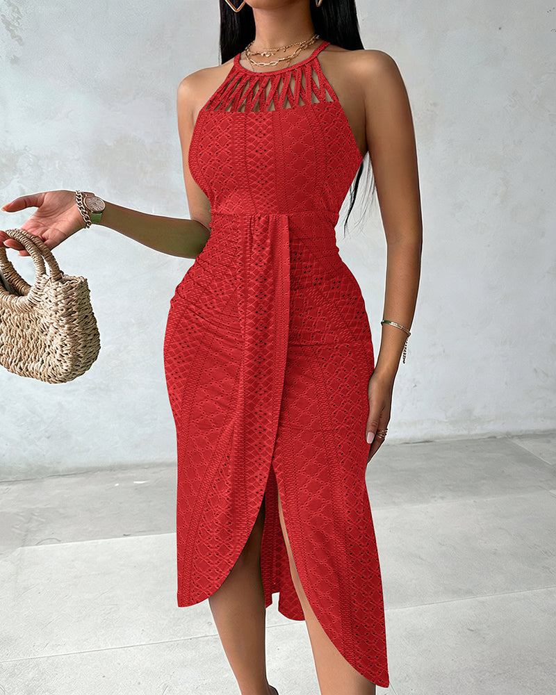 Fynovia - Midi jurk voor dames jacquard opengewerkt elegante halterhals split
