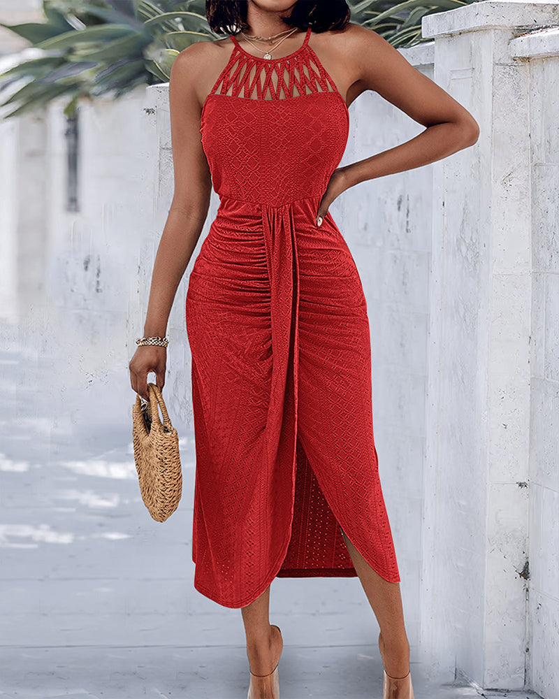 Fynovia - Midi jurk voor dames jacquard opengewerkt elegante halterhals split
