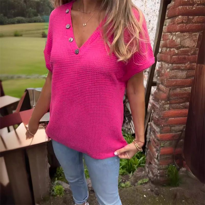 Adina - Stijlvolle V-hals Top met Korte Mouwen en Knopen