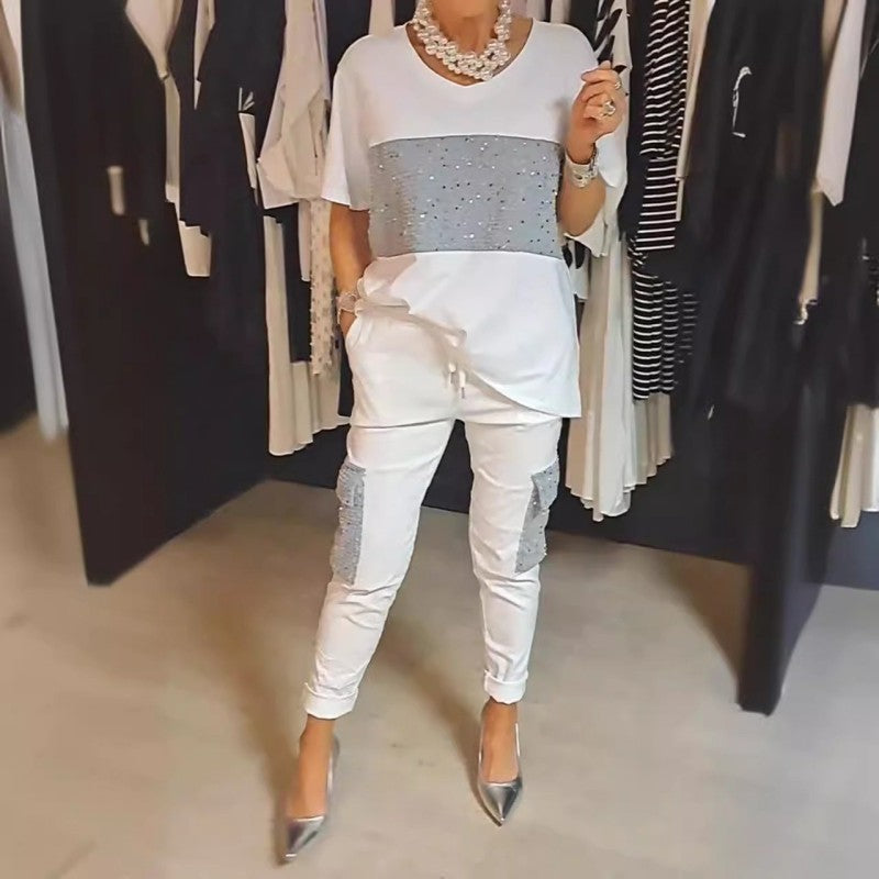 Caroline - Twee-Delige Korte Mouw Patchwork T-shirt &amp; Broek Set