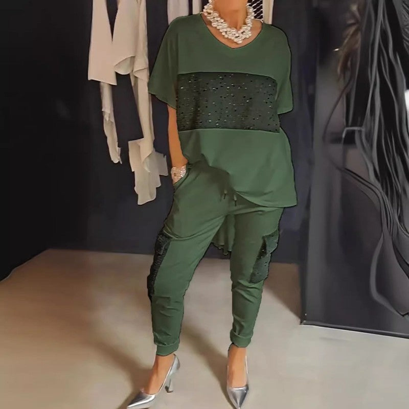 Caroline - Twee-Delige Korte Mouw Patchwork T-shirt &amp; Broek Set