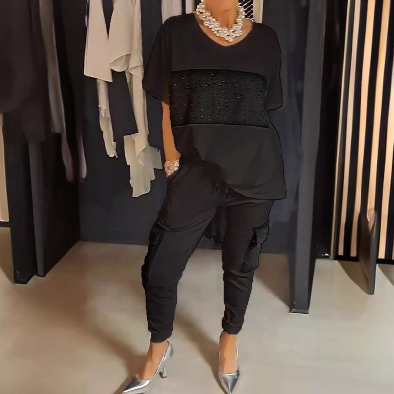 Caroline - Twee-Delige Korte Mouw Patchwork T-shirt &amp; Broek Set