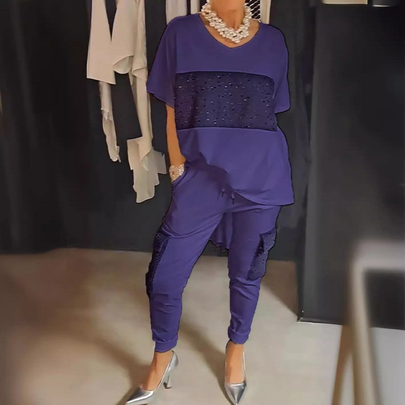 Caroline - Twee-Delige Korte Mouw Patchwork T-shirt &amp; Broek Set