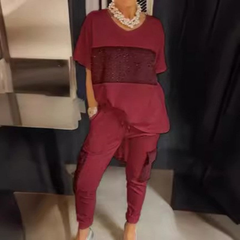 Caroline - Twee-Delige Korte Mouw Patchwork T-shirt &amp; Broek Set