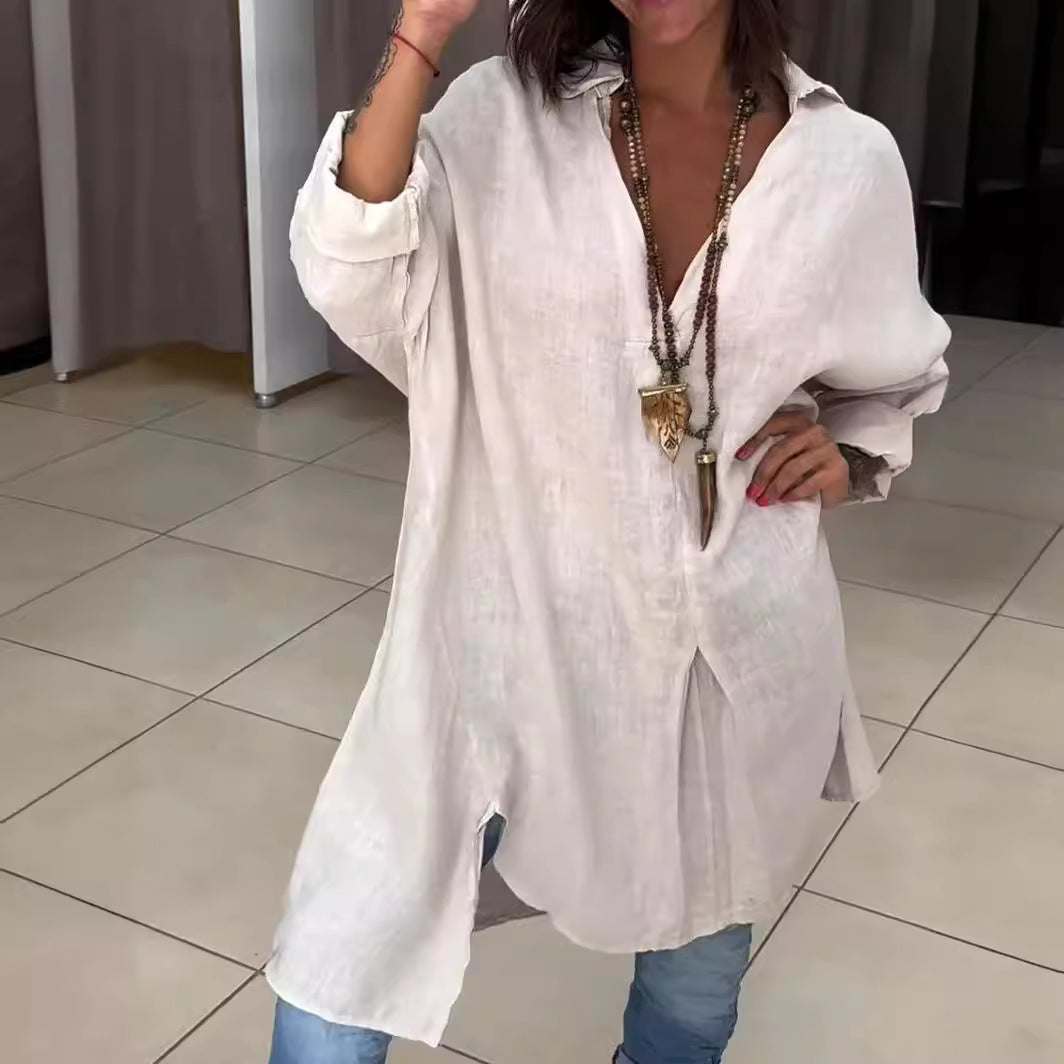 Melis - Zomer Causal Shirt van Katoen en Linnen met V-Hals