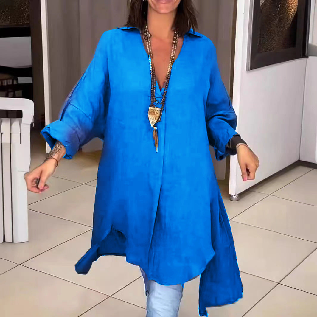Melis - Zomer Causal Shirt van Katoen en Linnen met V-Hals