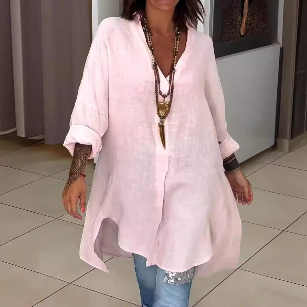 Melis - Zomer Causal Shirt van Katoen en Linnen met V-Hals