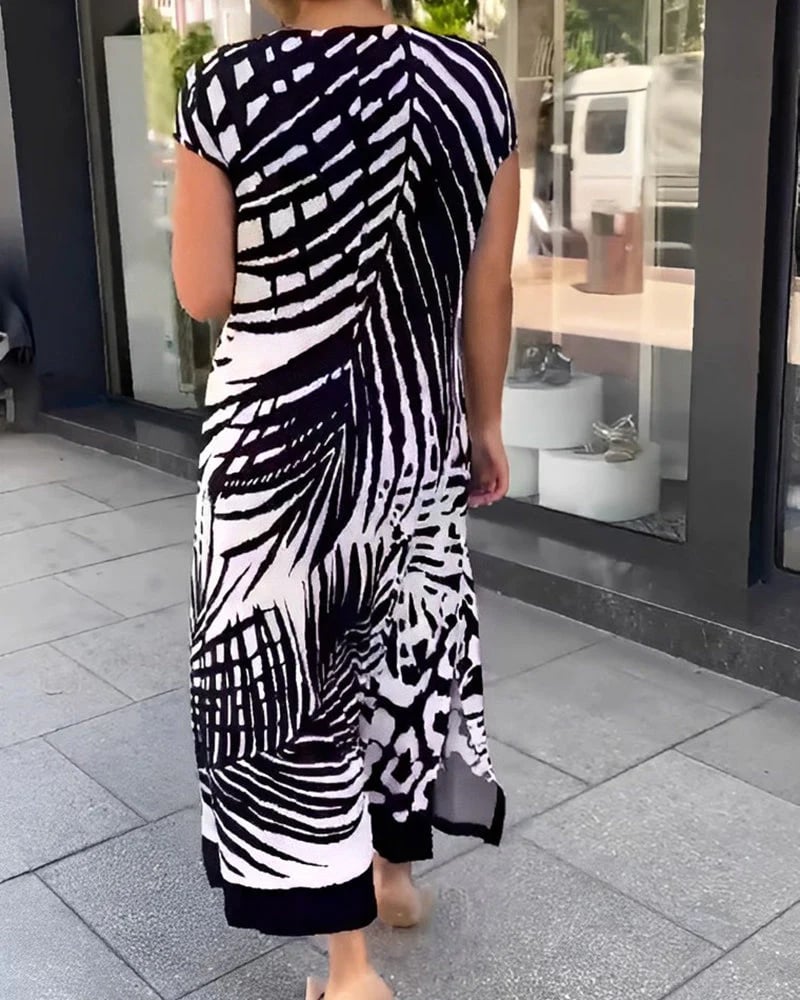 Cenalyra - Midi jurk voor dames met korte mouwen en print