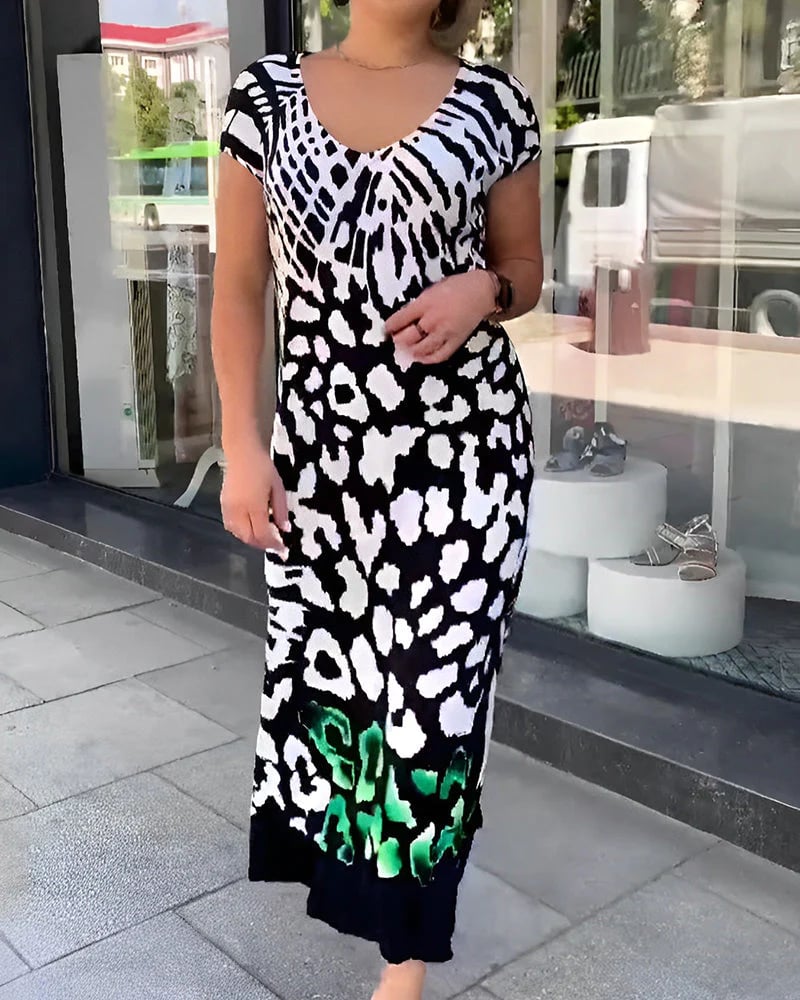 Cenalyra - Midi jurk voor dames met korte mouwen en print