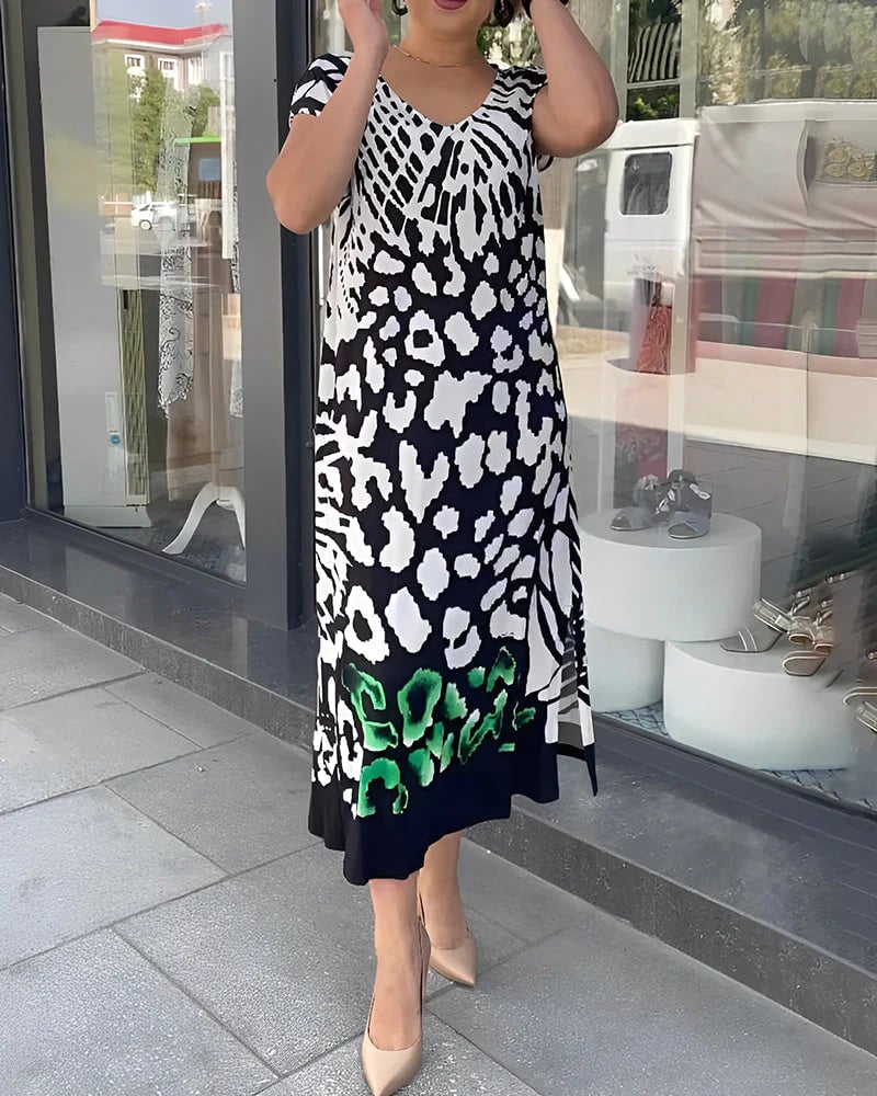 Cenalyra - Midi jurk voor dames met korte mouwen en print