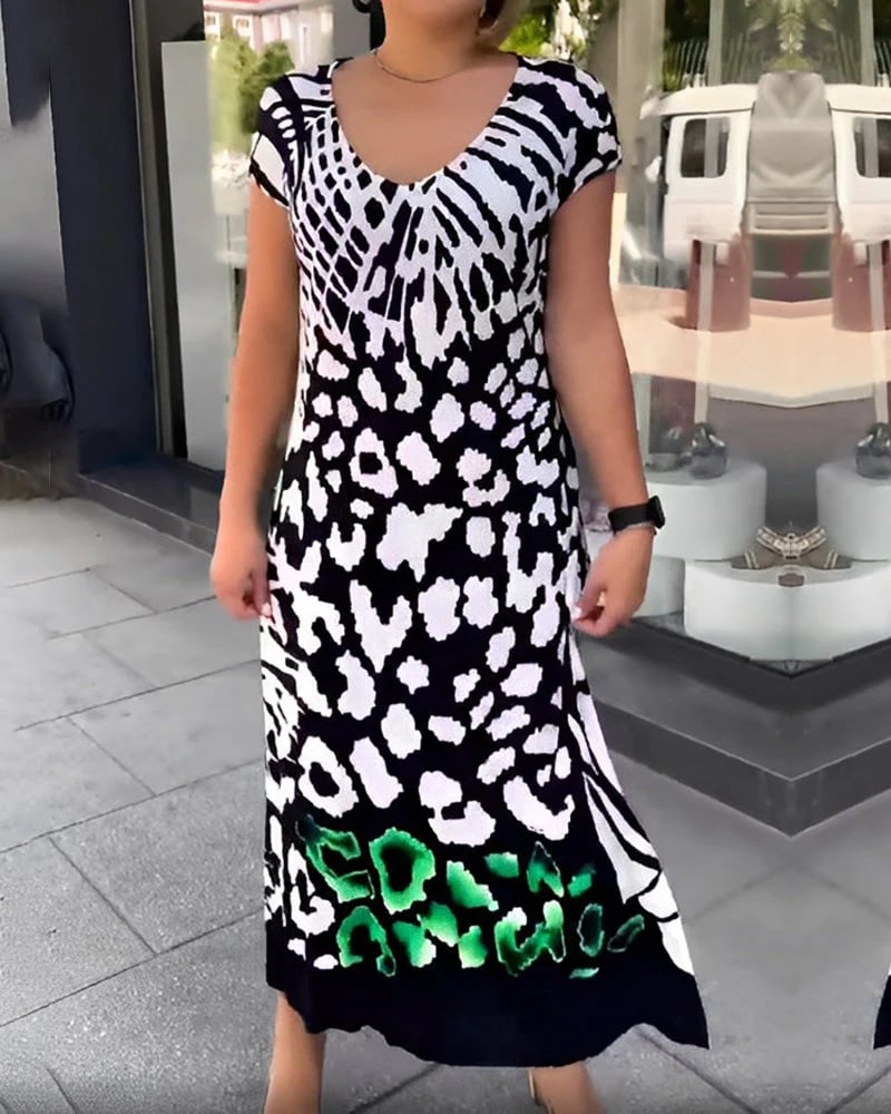 Cenalyra - Midi jurk voor dames met korte mouwen en print