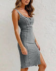 Estelle - Bodycon Denim Jurk met U-Vormige Hals en Split met Verstelbare Bandjes